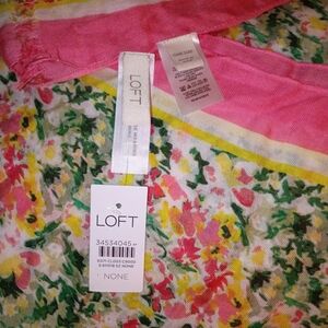 LOFT Pink Floral Border Scarf with Yellow Accents